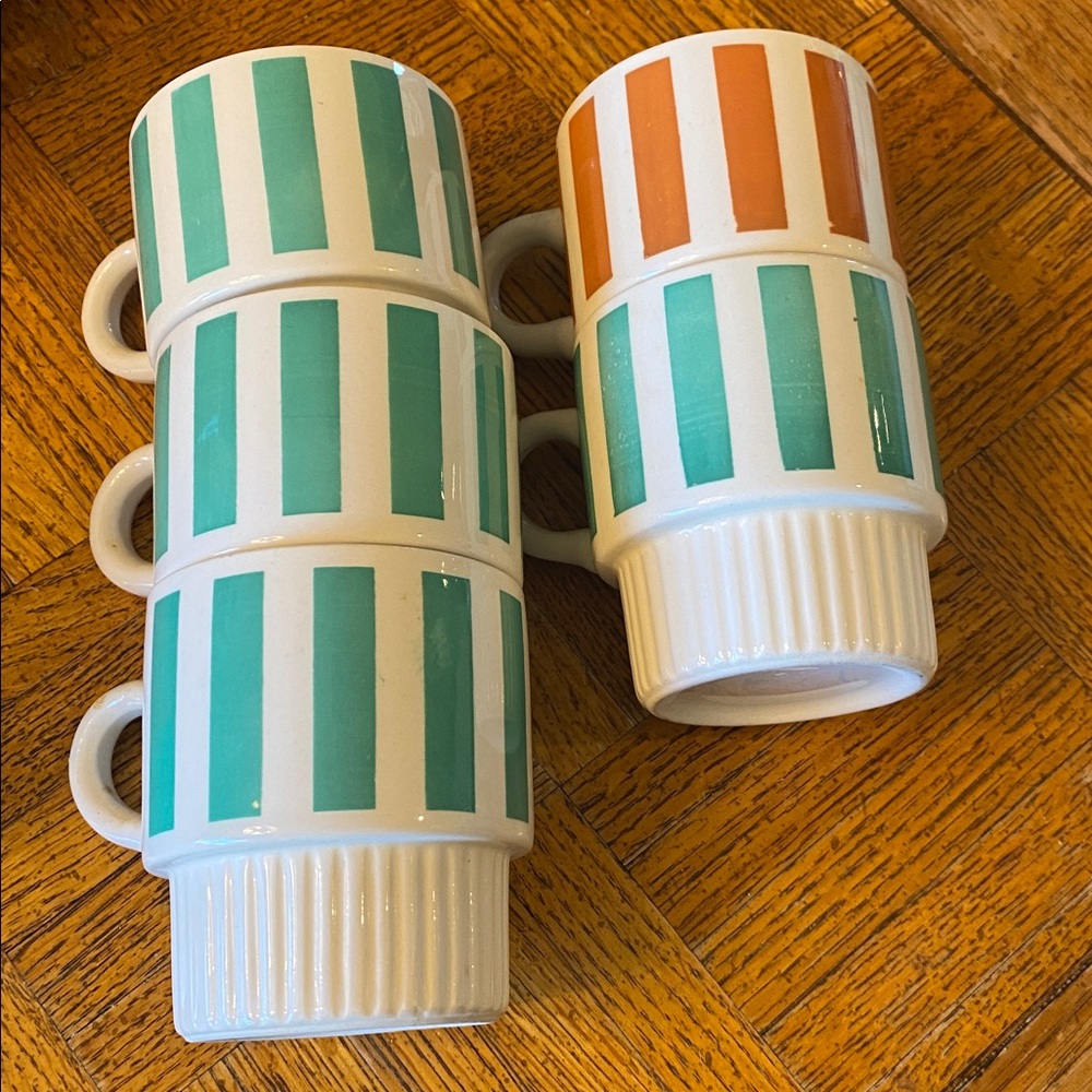 Vintage McCoy Stackable Striped Coffee Mugs Cup Set Of 5 Green Brown